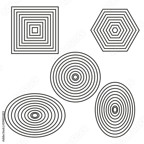 Concentric, radial shapes. Radiating, circular spiral, vortex lines. Merging rippled lines. vector illustration.