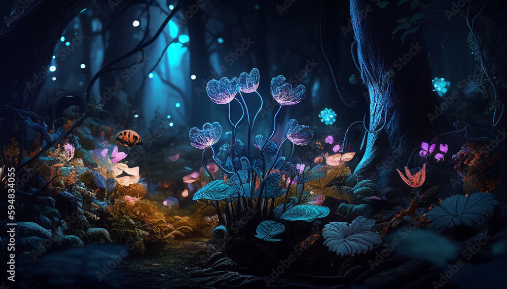 Magical night in the forest with glowing flowers and lights, Generative AI