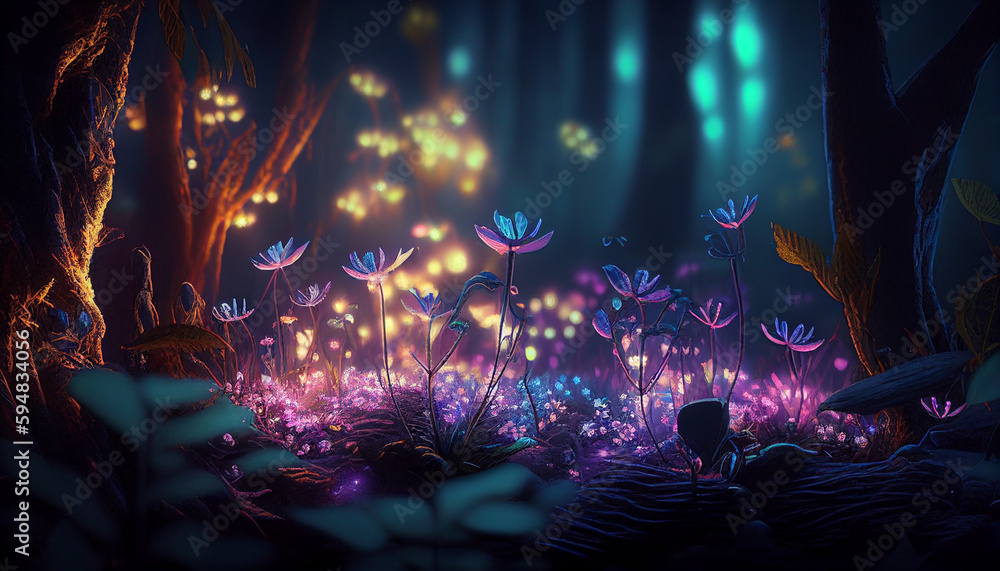Magical night in the forest with glowing flowers and lights, Generative ...