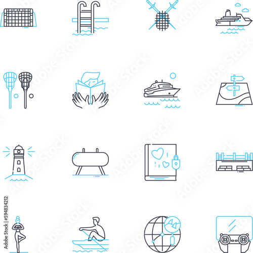 Active living linear icons set. Fitness, Health, Exercise, Movement, Wellbeing, Vigor, Agility line vector and concept signs. Endurance,Strength,Flexibility outline illustrations