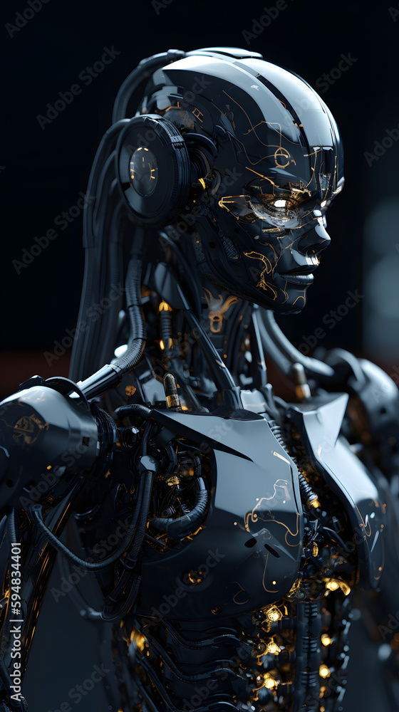 Gleaming Shadows: Unveiling the Black Shiny Gloss of the Ceramic Armor Cyborg - AI Generative