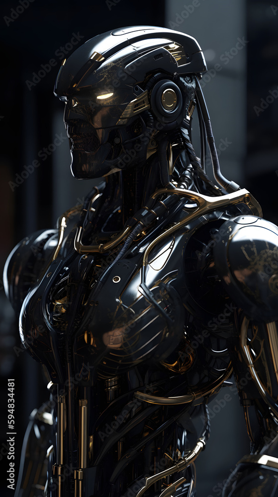 Naklejka premium Gleaming Shadows: Unveiling the Black Shiny Gloss of the Ceramic Armor Cyborg - AI Generative