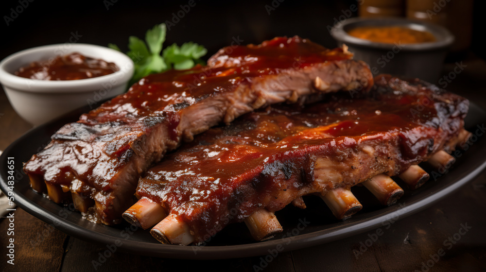 Closeup of pork ribs grilled with bbq sauce. Delicious roast pork rib won white dish. Plate of ribs with bbq sauce on it. 3D realistic illustration. Creative AI