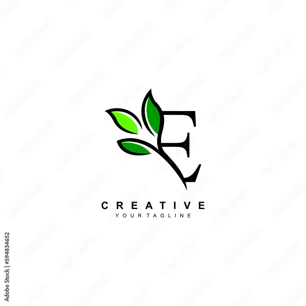 Nature theme letter E logo design with leaves vector. E nature. E leaf ...