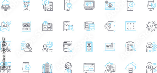 Content marketing linear icons set. Strategy, Branding, Engagement, Optimization, Creativity, Storytelling, Conversion line vector and concept signs. Analytics,Persona,Distribution outline