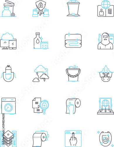 Disinfecting linear icons set. Sanitizing, Sterilizing, Cleaning, Germ-killing, Decontaminating, Antimicrobial, Purifying line vector and concept signs. Disinfection,Fumigation,Bleaching outline