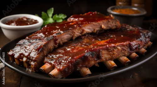 Closeup of pork ribs grilled with bbq sauce. Delicious roast pork rib won white dish. Plate of ribs with bbq sauce on it. 3D realistic illustration. Creative AI