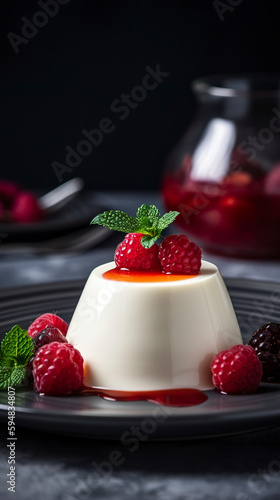 A perfect and delicious Panna Cotta. Panna cotta on white plate with berry sauce. Beautiful pannacotta. 3D realistic illustration. Creative AI photo