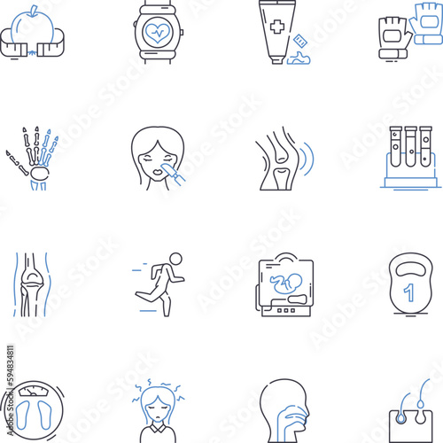 Weightlifting line icons collection. Barbell, Squat, Deadlift, Bench press, Clean, Jerk, Snatch vector and linear illustration. Kettlebell,Reps,Sets outline signs set