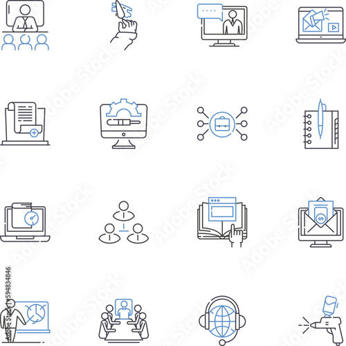 Progress tracking line icons collection. Analytics, Metrics, Measuring, Dashboard, Milests, Goals, Tracking vector and linear illustration. Data,Report,Evaluation outline signs set
