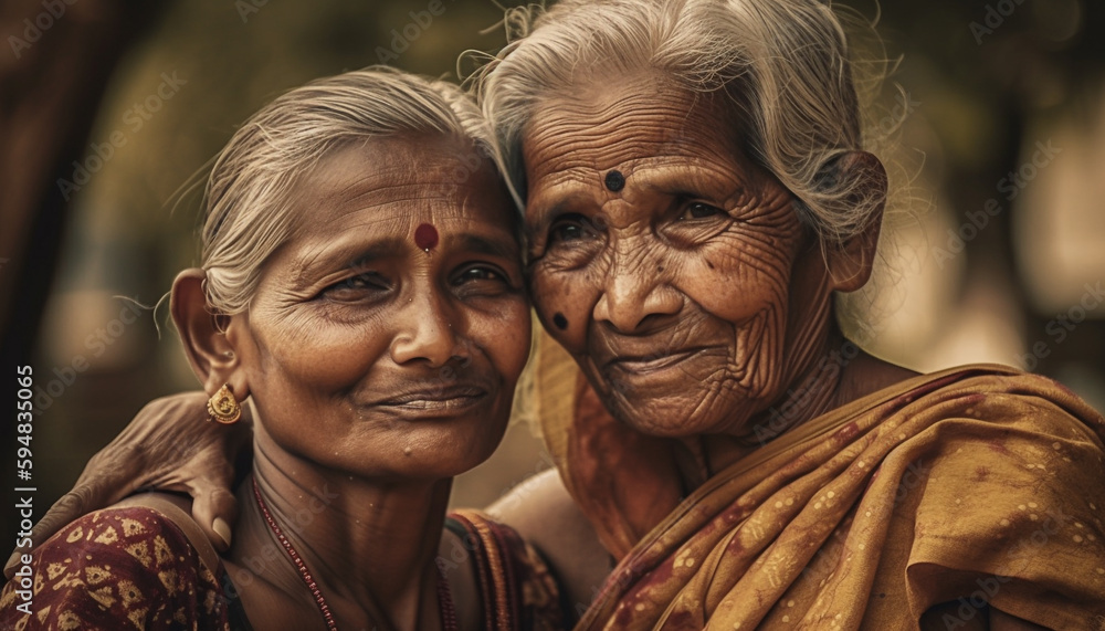 Hindu family smiling outdoors in traditional clothing generated by AI Hindu family smiling outdoors in traditional clothing generated by AI