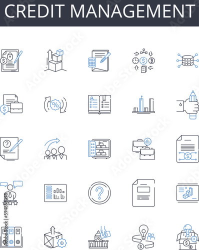 Credit management line icons collection. Debt resolution, Asset allocation, Financial planning, Investment strategy, Revenue generation, Payment processing, Asset management vector and linear