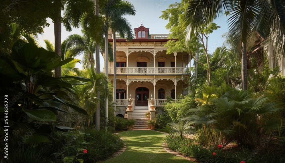 Tropical palms frame iconic luxury Caribbean architecture generated by AI