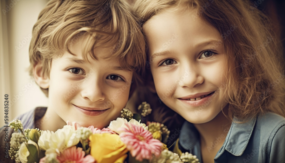 Two siblings hold a flower bouquet, smiling generated by AI Two siblings hold a flower bouquet, smiling generated by AI