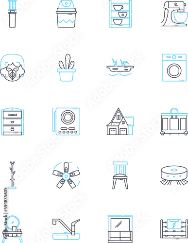 Window treatments linear icons set. Blinds, Curtains, Drapes, Shades, Panels, Valances, Cornices line vector and concept signs. Shutters,Roman,Sheers outline illustrations