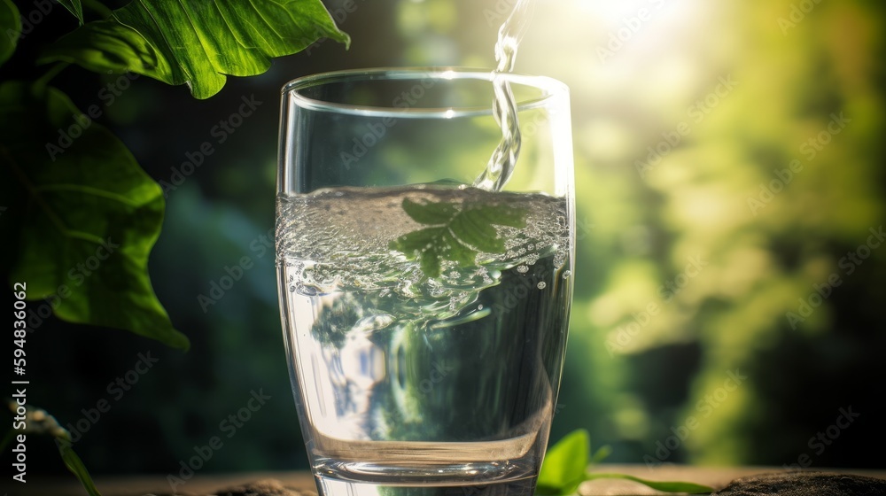 Water pouring into glass over sunlight and nature. Generative AI Water pouring into glass over sunlight and nature. Generative AI