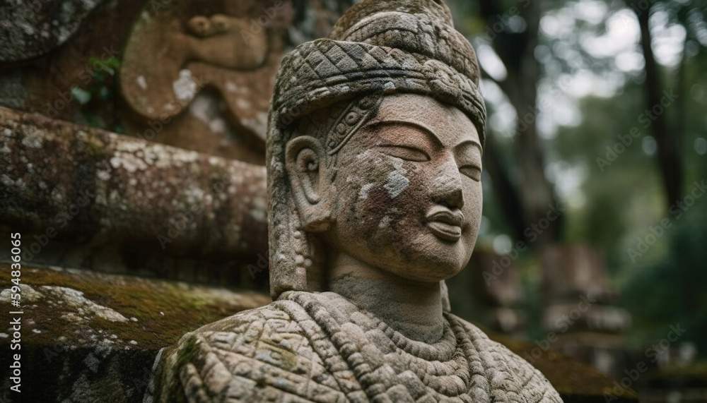 Ancient Khmer statue smiles, meditating in forest generated by AI