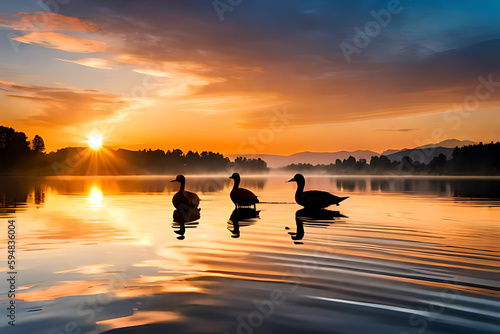 A colourful sunset over a calm lake with ducks swimming  crystal clear water with a tree skyline in the background. Generative Ai 