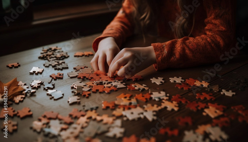 Close up of hands holding jigsaw puzzle pieces generated by AI