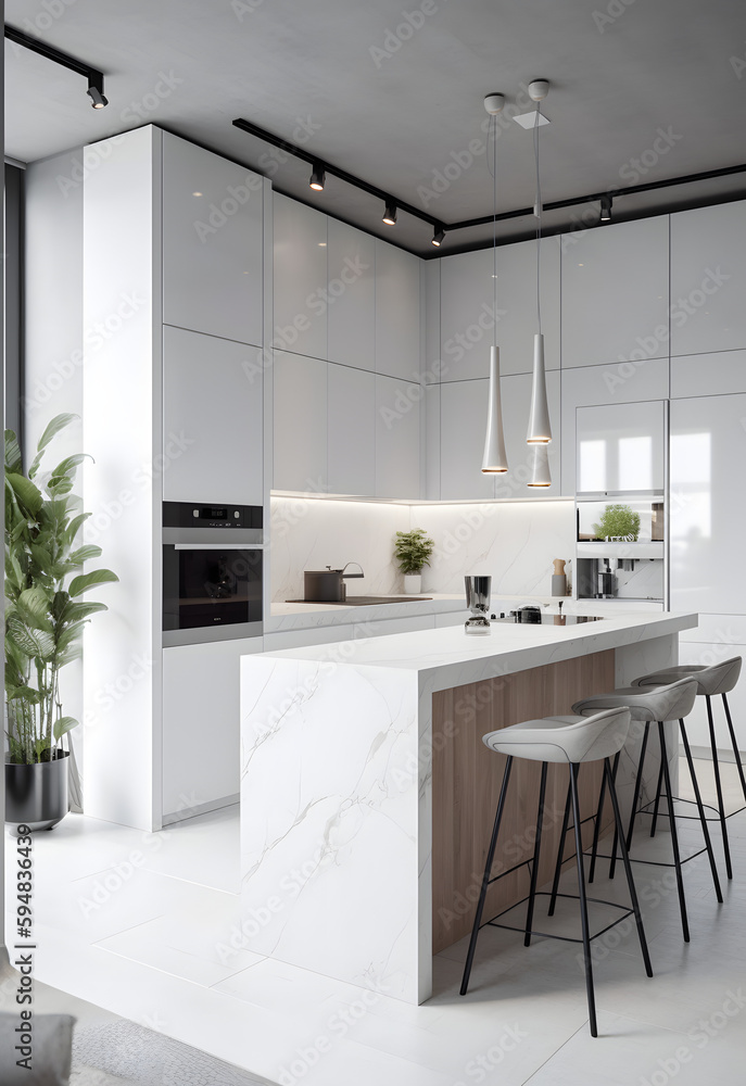 Serenely White: A Captivating Modern Premium Minimalist Kitchen Interior, AI Generative