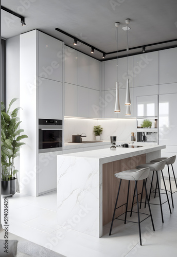 Serenely White  A Captivating Modern Premium Minimalist Kitchen Interior  AI Generative