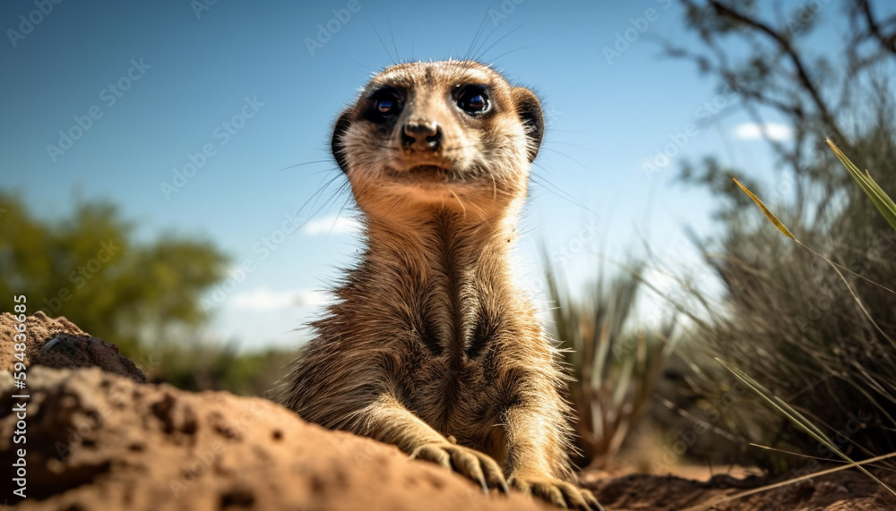 Fototapeta premium One meerkat sits alert, watching outdoors in Africa generated by AI