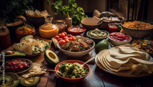 Freshly made guacamole and tomato tacos served rustic generated by AI