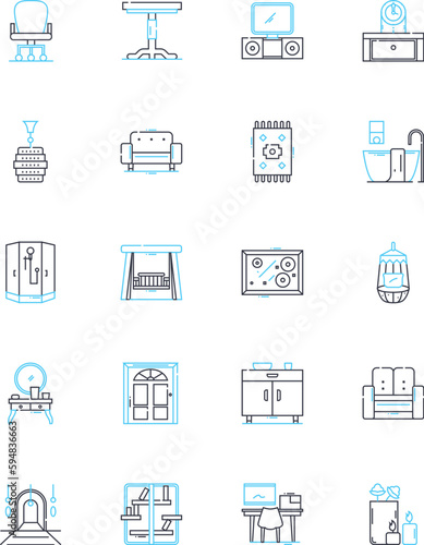 Chairs linear icons set. Comfort, Seating, Upholstery, Backrest, Armrests, Cushioning, Ergonomic line vector and concept signs. Swivel,Reclining,Adjustable outline illustrations