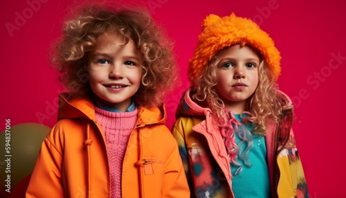 Cute siblings smiling in playful winter fashion generated by AI