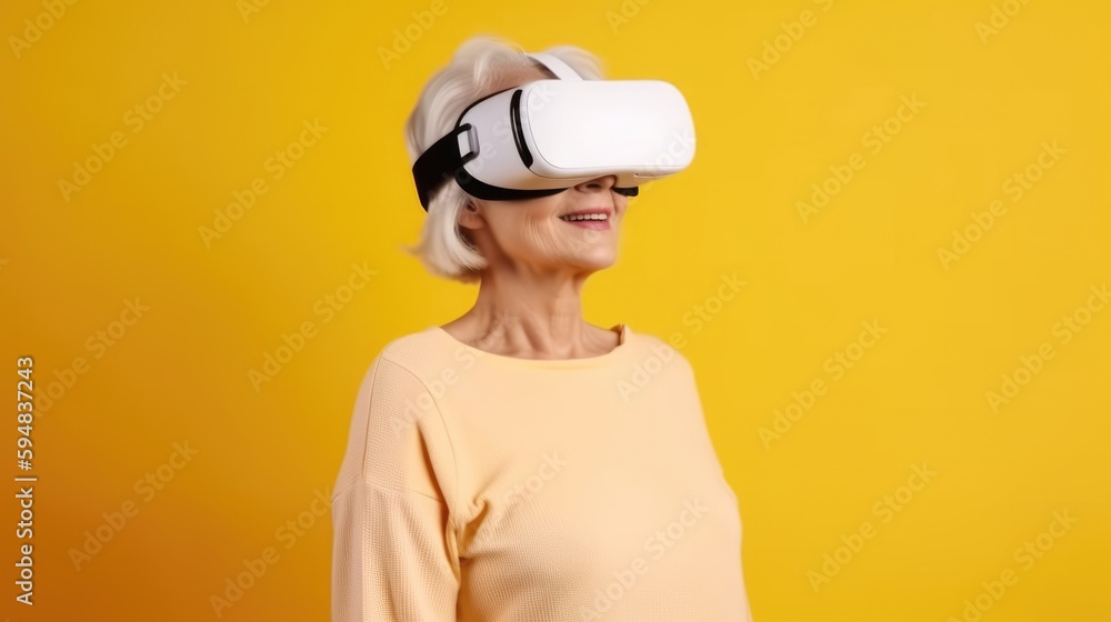 senior woman playing in virtual reality glasses. Created with generative AI. senior woman playing in virtual reality glasses. Created with generative AI.