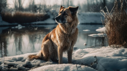 Lonely dog freezing. Created with generative AI. © lchumpitaz