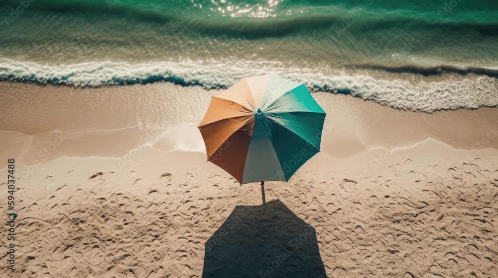 beach umbrella on white sand near the sea water. Created with generative AI.