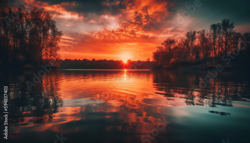Vibrant sunset reflection on tranquil pond surface generated by AI