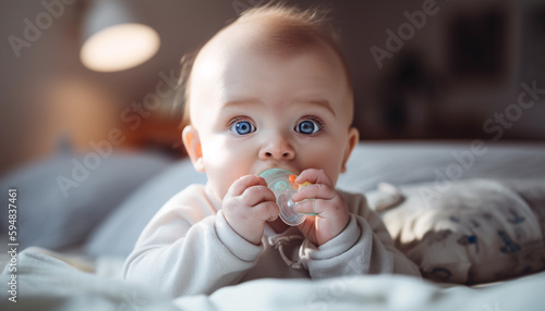 Cute newborn boy playing with soft toy generated by AI