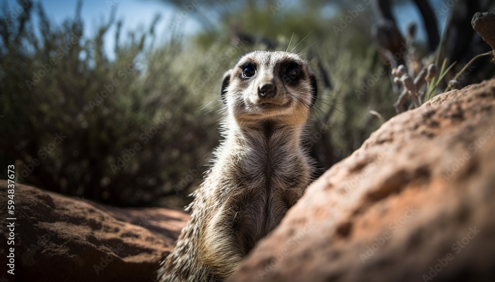 Fototapeta premium Cute meerkat posing for nature portrait surveillance generated by AI