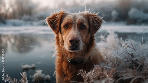 Lonely dog freezing. Created with generative AI.