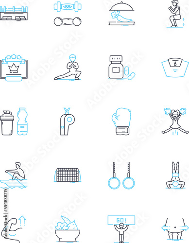 Weightlifting linear icons set. Strength, Stamina, Superset, Deadlift, Squat, Clean, Bench line vector and concept signs. Curl,Press,Barbell outline illustrations