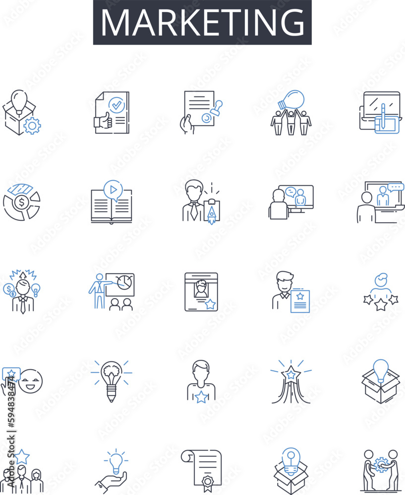 Marketing line icons collection. Advertising, Promotions, Publicity, Salesmanship, Branding, Communication, Distribution vector and linear illustration. Endorsement,Merchandising,Campaigning outline