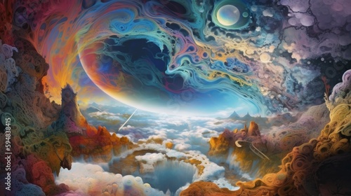 Beautiful view from an extraterrestrial fantastical planet with swirling clouds and colorful landscapes. Generative AI © David