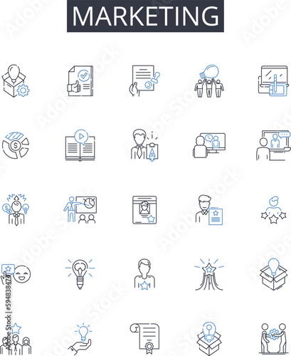 Marketing line icons collection. Advertising, Promotions, Publicity, Salesmanship, Branding, Communication, Distribution vector and linear illustration. Endorsement,Merchandising,Campaigning outline