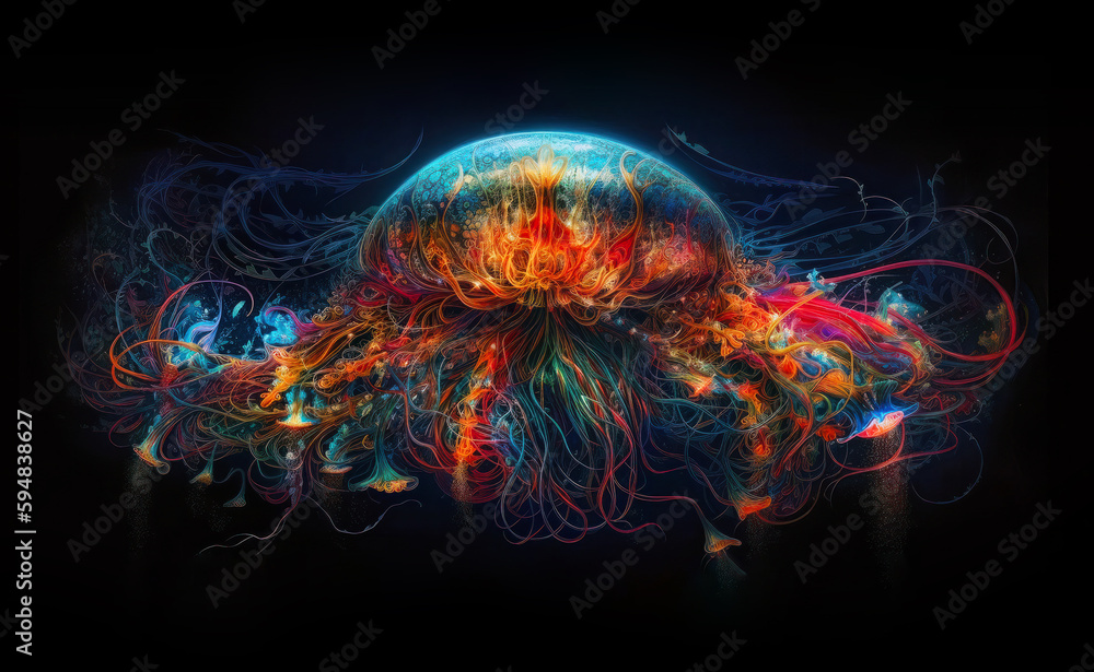 colorful jellyfish on black, complex amazing creature, copy space, web banner, background, eye catching, striking, generative ai