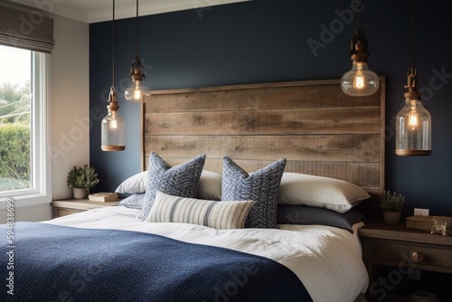 A cozy Nautical Bedroom featuring a navy blue upholstered headboard, weathered wood nightstands, and a rope-wrapped pendant light, generative ai