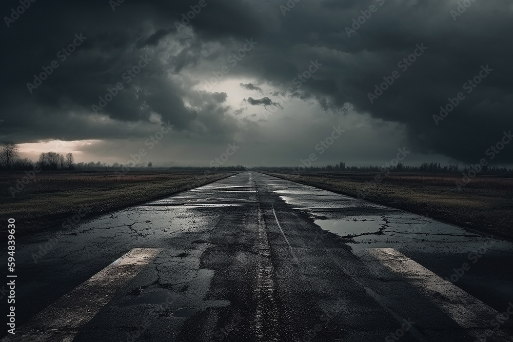 A stormy sky over a deserted runway - Generative AI