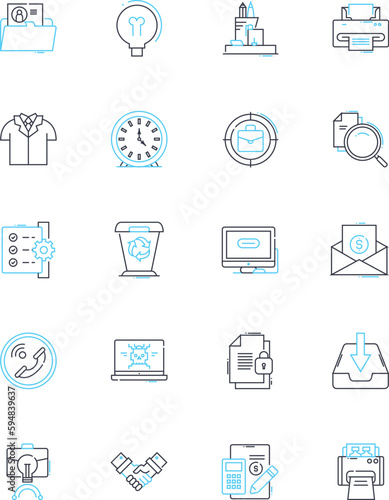 Business model linear icons set. Innovation, Strategy, Sustainability, Profitability, Scalability, Customer-centric, Disruption line vector and concept signs. Mtization,Adaptability,Efficiency outline