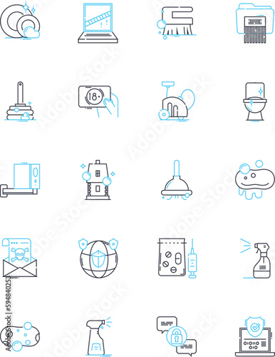 Shielding linear icons set. Protection , Armor , Screen , Barrier , Defence , Cover , Refuge line vector and concept signs. Shelter ,Bulwark ,Safekeeping outline illustrations