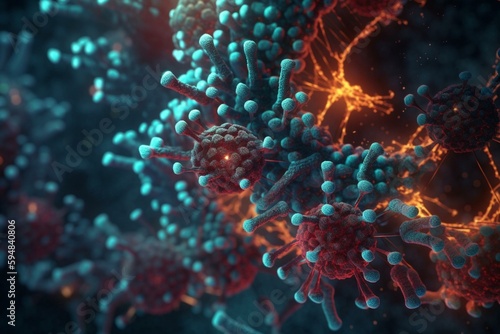 Medical background with close up of virus cells and DNA strand. 3d illustration. Generative AI