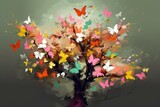 Painting of tree with flowers and butterflies. Generative AI