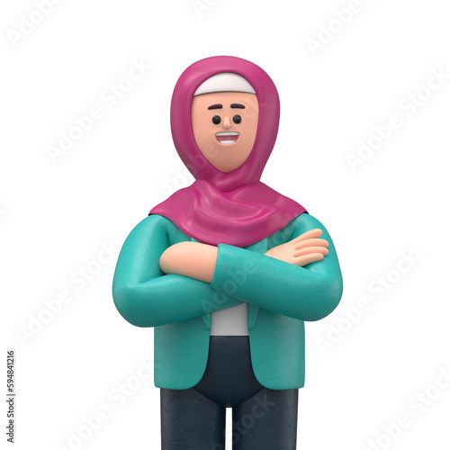 Close up portrait of smiling Arab women Ghaliyah with arms crossed. 3D rendering on white background.
 photo