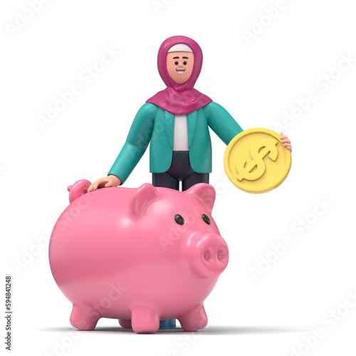 3D illustration of smiling Arab women Ghaliyah with Piggy Bank and Golden Dollar Coin. 3D rendering on white background.
 photo