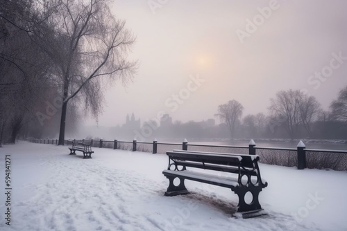Winter city park with snow and city silhouette. Bench in winter city park. Generative AI